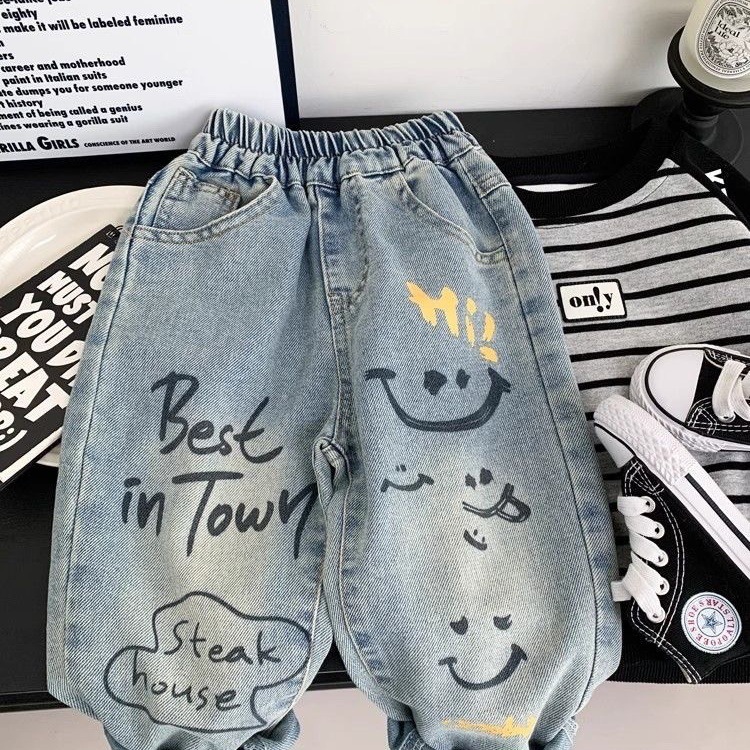 Baby Clothing Drawing - Pantaloni Larghi in Denim con Graffiti
